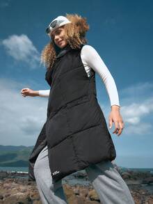 In My Nature Solid Hooded Padded Vest Coat - Black - View 9