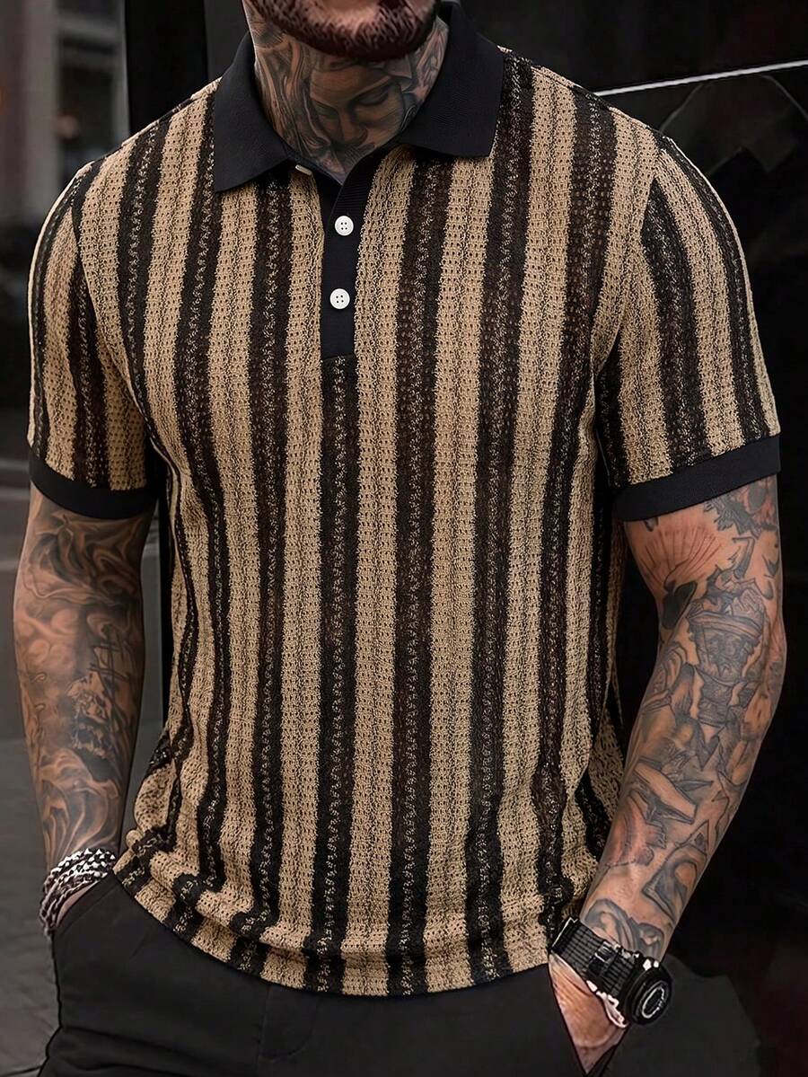 Manfinity CasualCool 男士针织提花条纹休闲商务宽松短袖Polo衫 - 咖啡棕 - 查看 1