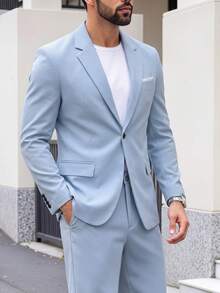 Manfinity Bizformal 男士翻領長袖夾克與長褲套裝，儀式、正式 - 淺藍色 - 查看 4