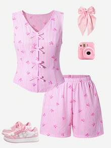 SHEIN Sparklyn 2件套少女温柔甜美蝴蝶结条纹衬衫短裤套装，时尚印花图案，修身通勤款，适合上学、通勤、旅行、海滩等场合。 - 粉色 - 查看 3