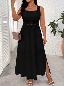 Elenzga Plus Size Women's Elegant Lace Hem Split Square Neck Dress Evening Wedding Black Summer - Black - View 4