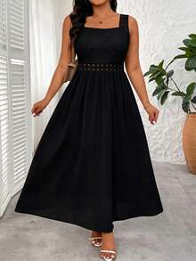 Elenzga Plus Size Women's Elegant Lace Hem Split Square Neck Dress Evening Wedding Black Summer - Black - View 6