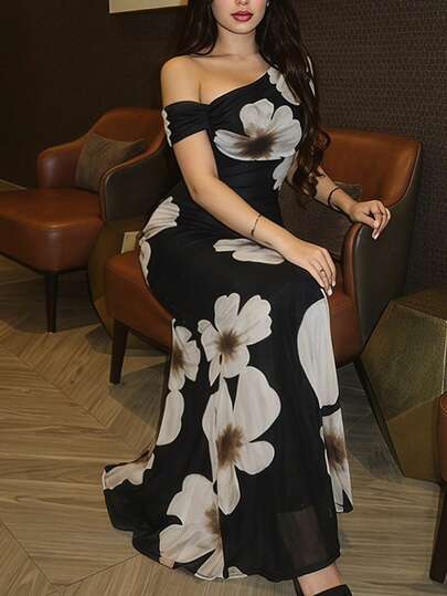 Modelyn Women's Elegant Floral Print Asymmetrical Neck Fitted Dress, Vacation Style