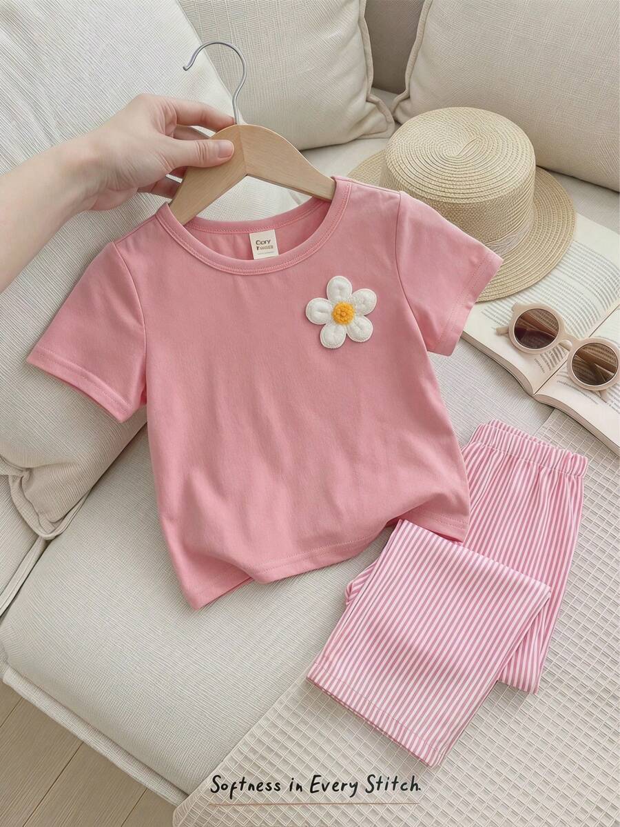 Cozy Pixies 2pcs Baby Girl Floral Embroidered Round Neck Short Sleeve Top And Elastic Waist Pants Set - Pink - View 1