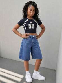 Girls' Casual Soft Cotton Denim Shorts, Fashion Versatile Daily Comfortable Loose Straight Leg Vintage Washed Blue Knee Length Shorts Suitable For Leisure, Vacation, Daily Wear - Blue - View 5