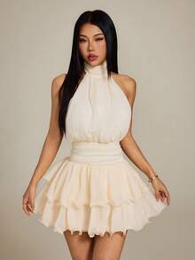 SHEIN PETITE 女士时尚百搭褶皱露背荷叶边下摆连衣裙 - 米色 - 查看 7