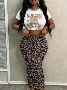 Slaydiva Plus Size Leopard Print Fitted Cropped Short Sleeve Round Neck T-Shirt & Bodycon Maxi Skirt 2pcs Set - Multicolor - View 3