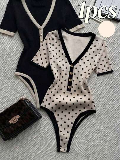 INAWLY Damen Polka Punkt Muster Kontrastbesatz V-Ausschnitt Bodysuit
