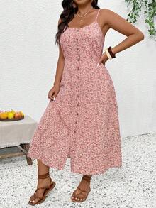SHEIN Frenchy 大码女式碎花休闲无袖纽扣连衣裙 - 彩色 - 查看 5