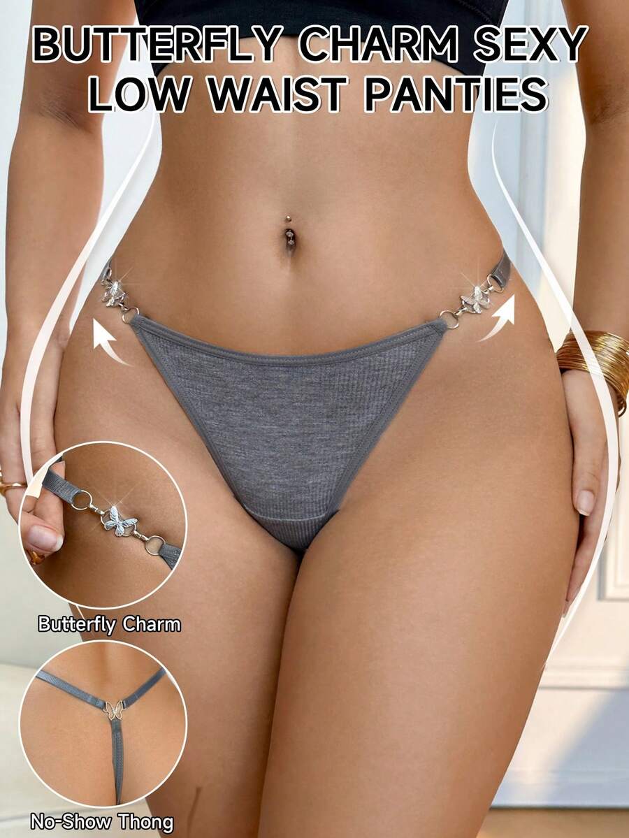 Butterfly Decor Comfortable Solid Color Thong Panties - Grey - View 1
