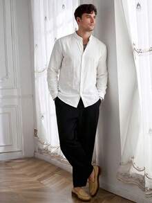 Core Aspect Men's Casual Solid Color Long Sleeve Shirt Men White Linen Shirt Men White Casual Shirt Men Textured Shirt Pure Cotton Men Shirt, White Shirt For Men, Men Summer, Fall, Old Money Style - White - View 2