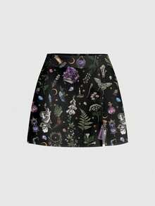 ROMWE Gothic Hippie Butterfly & Moth Sun Moon Star Dark Mysterious Forest Print Mini Skirt With Side Slit For Women - Black - View 1