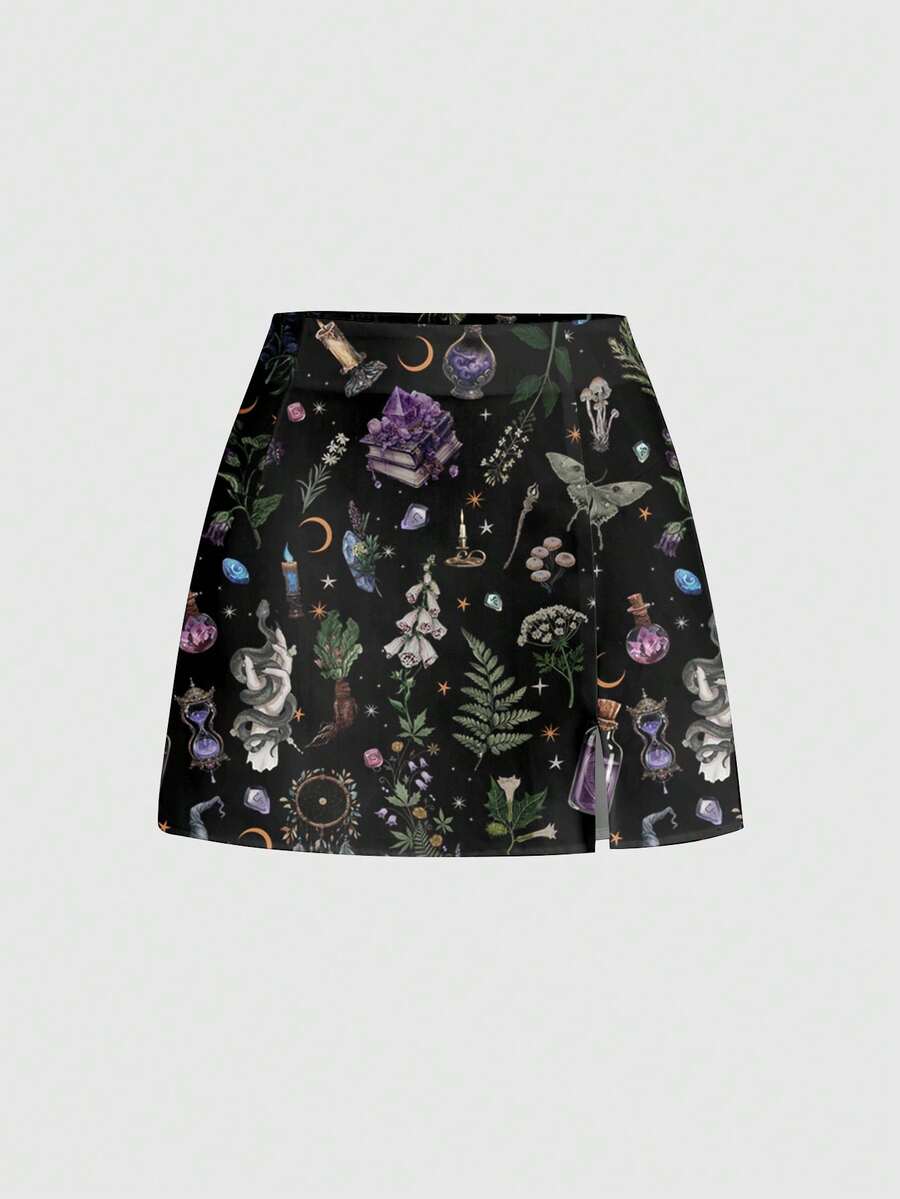 ROMWE Gothic Hippie Butterfly & Moth Sun Moon Star Dark Mysterious Forest Print Mini Skirt With Side Slit For Women - Black - View 1