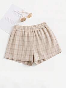 Solavibe Plus Size Casual 90s Plaid Shorts Back-To-School Graduation Beige Summer - Khaki - View 1