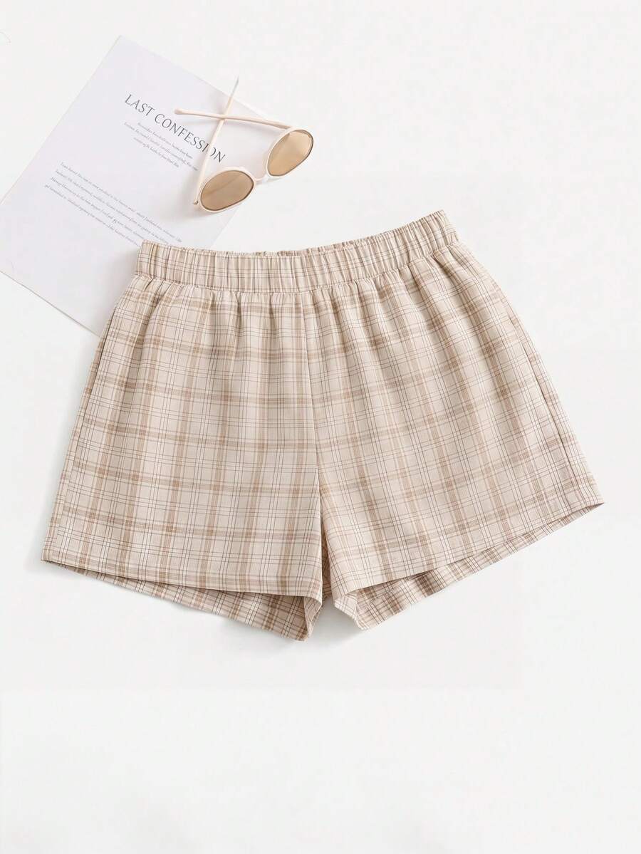 Solavibe Plus Size Casual 90s Plaid Shorts Back-To-School Graduation Beige Summer - Khaki - View 1