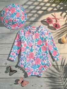 SHEIN Bộ đồ bơi liền thân tay dài in hoa cho trẻ sơ sinh - Hồng - Xem 4