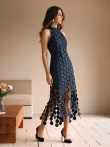 Anewsta Elegant Party & Beach Vacation Sleeveless Round Disc Tassel Mini Dress, High-End Exquisite Navy Blue - Navy Blue - View 5