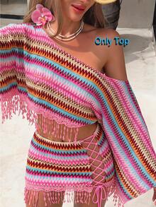 Bonvoyette Women's Textured Fabric Summer New Tassel Hem Design Cover-Up Top, Sexy Elegant Lady Beach Party Holiday Vacation Style Cover Up - Multicolor - View 1
