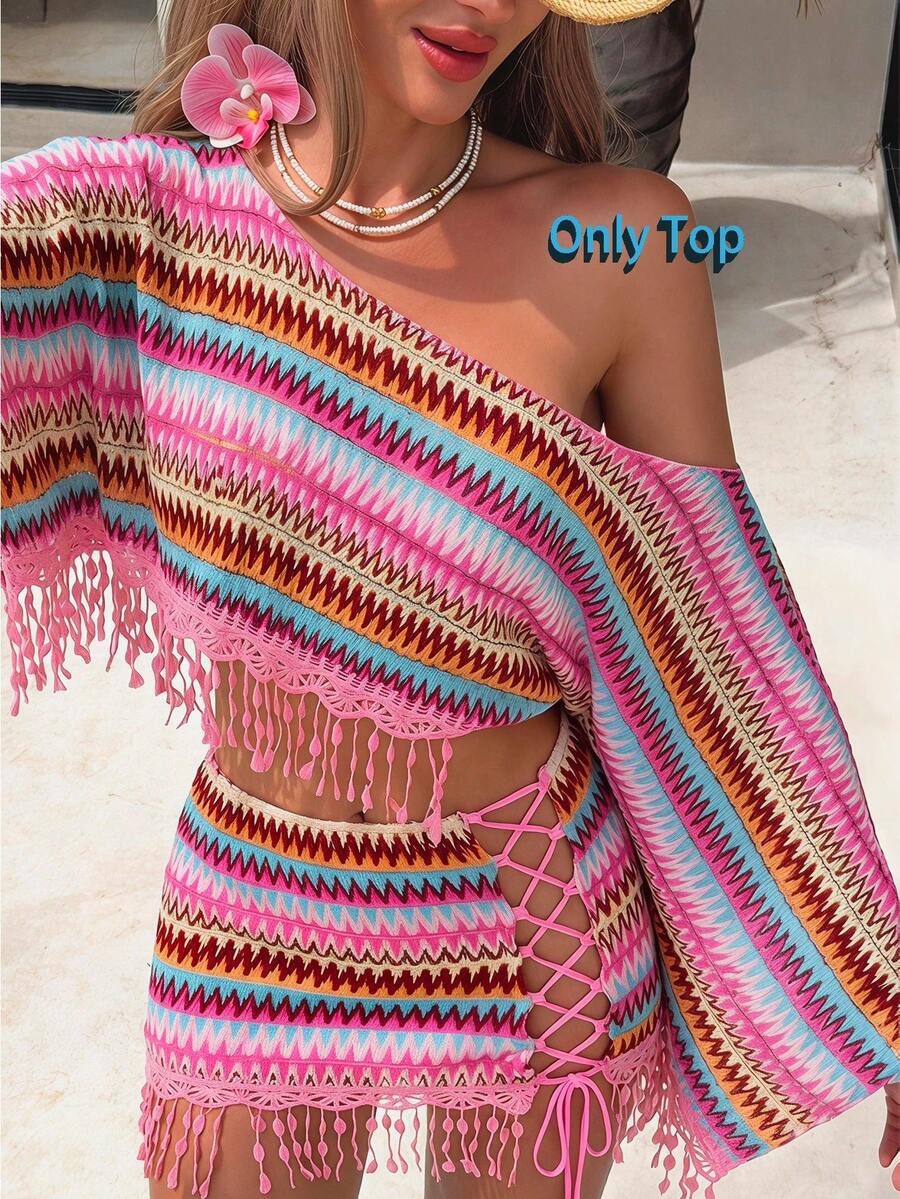 Bonvoyette Women's Textured Fabric Summer New Tassel Hem Design Cover-Up Top, Sexy Elegant Lady Beach Party Holiday Vacation Style Cover Up - Multicolor - View 1