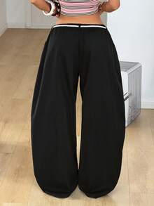 Coolane Women's Summer Streetwear Back To School Preppy Vintage Chic Business Casual Office Wear Comfortable Black Baggy Wide Leg Curved Hem Pants - Black - View 6