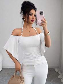 SHEIN Elenzya 女款素色細肩帶T恤，露肩半袖極簡優雅修身抓皺上衣，春夏季新款，適合日常、音樂節、晚餐、派對，復古百搭 - 白色 - 查看 5