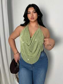 Firerie Plus Size Sexy Sequin Decor Backless Halter Neck Top, Summer - Green - View 6