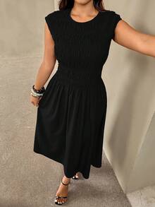 Auralis Plus Size Women Summer Casual Vacation Minimalist Solid Color Shirred Bodice Cinching Waist Dress - Black - View 8