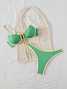 SHEIN 女士夏季度假沙滩撞色滚边细肩带比基尼套装 - 彩色 - 查看 5