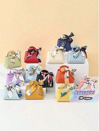 5pcs Holiday Gift Bag, Bow Imitation Leather Gift Bag, Halloween Candy Bag, Christmas Candy Gift Bag, Wedding Party Gift Bag, Graduation Souvenir Bag, Holiday Candy Box, Mini Tote Bag
