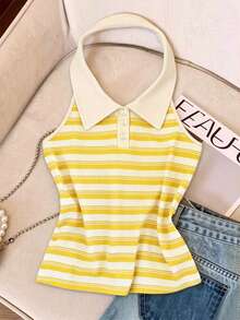 Franclia French Style Striped Backless Halter Neck Tank Top For Women, Summer, Slimming & Age-Reducing - Yellow - View 4