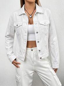 SHEIN EZwear Women's Casual Single-Breasted Long Sleeve Pocket Denim Jacket - White - View 3