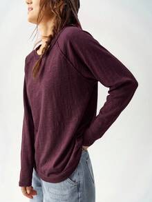 Bohemela Camiseta holgada de mujer de manga raglán de cuello redondo de punto de color liso para vacaciones - Rojo violeta - Ver 3