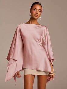 COSMINA Áo kiểu nữ màu xanh lá cây bằng vải satin, kiểu dáng thanh lịch với vạt và tay áo bất đối xứng, tay dài, màu trơn, phù hợp cho khách dự đám cưới, đi nghỉ mát, dự tiệc thường ngày, hoặc trang phục kín đáo. - Bụi hồng - Xem 7