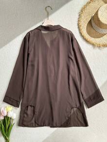 Oceva Blus Lengan Panjang Kasual Pantai Musim Panas untuk Wanita, Warna Polos, Kimono Kerah Terbuka untuk Liburan Pantai - Coklat - View 2