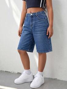 Girls' Casual Soft Cotton Denim Shorts, Fashion Versatile Daily Comfortable Loose Straight Leg Vintage Washed Blue Knee Length Shorts Suitable For Leisure, Vacation, Daily Wear - Blue - View 4