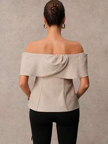 MaterniChic A Maternity Blouse With Metal Button Embellishments, A Slit Hem, And Off-The-Shoulder Design, In Apricot Color, Perfect For An Elegant Summer Look. - Khaki - View 5