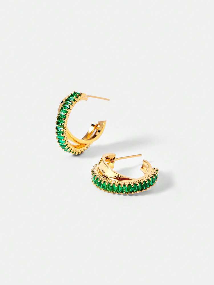 18K GOLD-PLATED GREEN ZIRCONIUM-INLAID CROSS MINIMALIST TEMPERAMENT EARRINGS