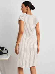 MaterniWear Striped Round Neck Short-Sleeved Maternity Dress With Side Slits And Apricot Hem; Suitable For Summer Casual Commuting.  Formal Dress   Formal - Apricot - View 8