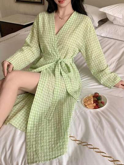 DAZY 女士格子翻领宽松长款睡袍，夏季款
