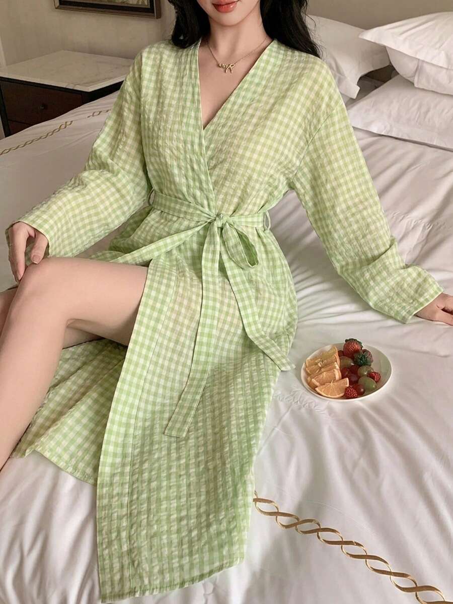 DAZY 女士格子翻领宽松长款睡袍,夏季款 - 綠色 - 查看 1