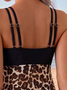 Swim Lushoire Spring/Summer Beach Vacation Mature Leopard Print Patchwork Camisole Tankini 2 Pieces Set - Multicolor - View 5