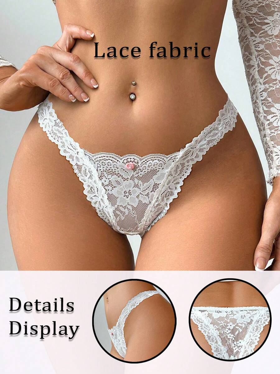 SHEIN 女士优雅性感低腰蕾丝内裤 - 白色 - 查看 1