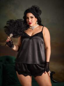 PinupPomp Plus Size Pajama Sets Kontras Lace Plain - Hitam - View 6