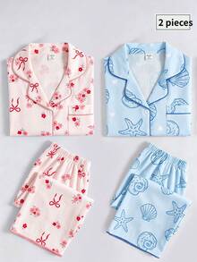 SHEIN Genkimix Kids 2件組青少年女孩可愛睡衣，貝殼與海星印花淡藍色睡衣，短袖缺口領上衣與長褲，夏季居家穿著，柔軟舒適 - 彩色 - 查看 7