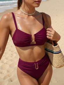 Sweetra 2026 Spring/Summer Women's Burgundy Adjustable Thick Strap Solid Color Gold U-Shaped Decor High Cut Bikini Bottom Two Pieces Swimsuit Set - Burgundy - View 4