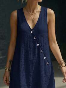 Weeklong Plus Size Women's Deep V-Neck Slanted Button Decor A-Line Casual Vacation Dress, Spring/Summer - Navy Blue - View 5
