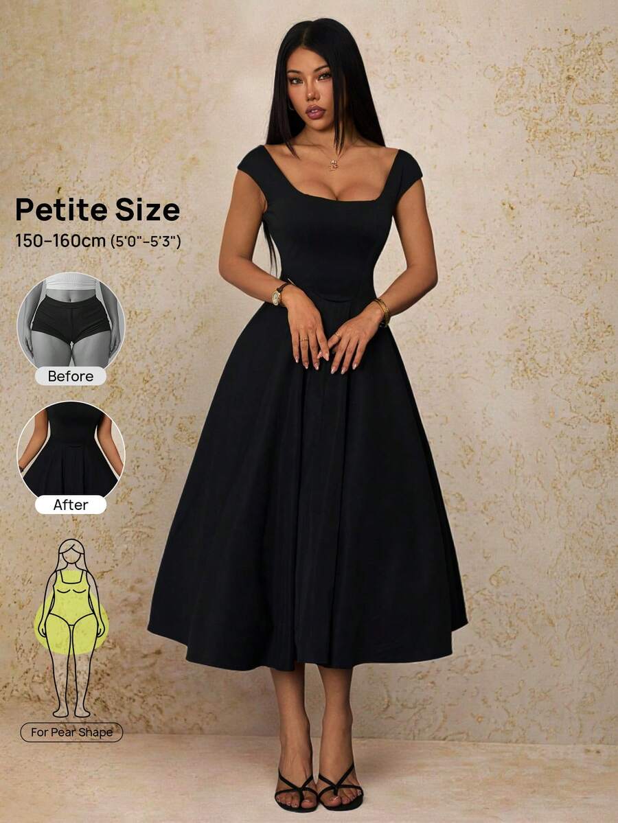 SHEIN PETITE 黑色夏季優雅晚餐約會緹花緞面泡泡裙公主洋裝,修身 Pin Up 風格半正式度假度假村女裝,適合嬌小女性 - 黑色 - 查看 1