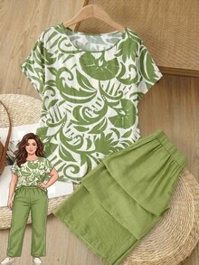 Rusticease Conjunto de 2 piezas de top de manga corta con estampado simple y pantalones de unicolor, talla grande - Verde - Ver 1