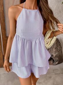 Cévolie Women's Cute Blue And White Stripe 2 Pieces Set,Summer Holiday Vacation Holiday,Spaghetti Strap Layered Backless Camisole Top & Elastic Waist Shorts - Purple - View 3