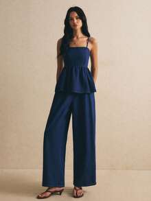 Poéselle Women's Solid Color Tank Top And Elastic Waist Jeans Set, Dark Blue Two-Piece Set Casual Sets For Women  Y2K - Medium Wash - View 4
